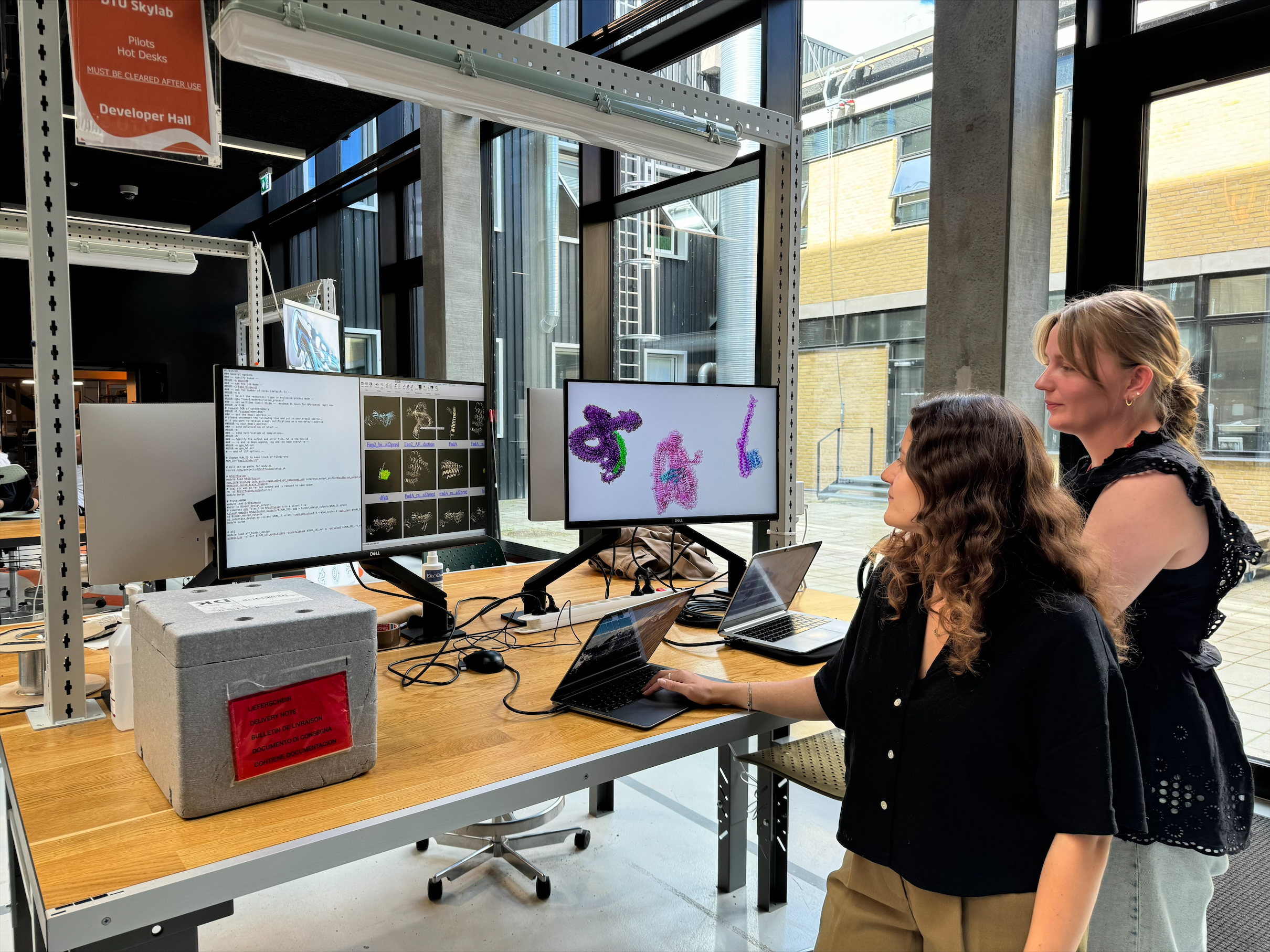 Two women looking at two computer screens visualizing the biology of bacteria