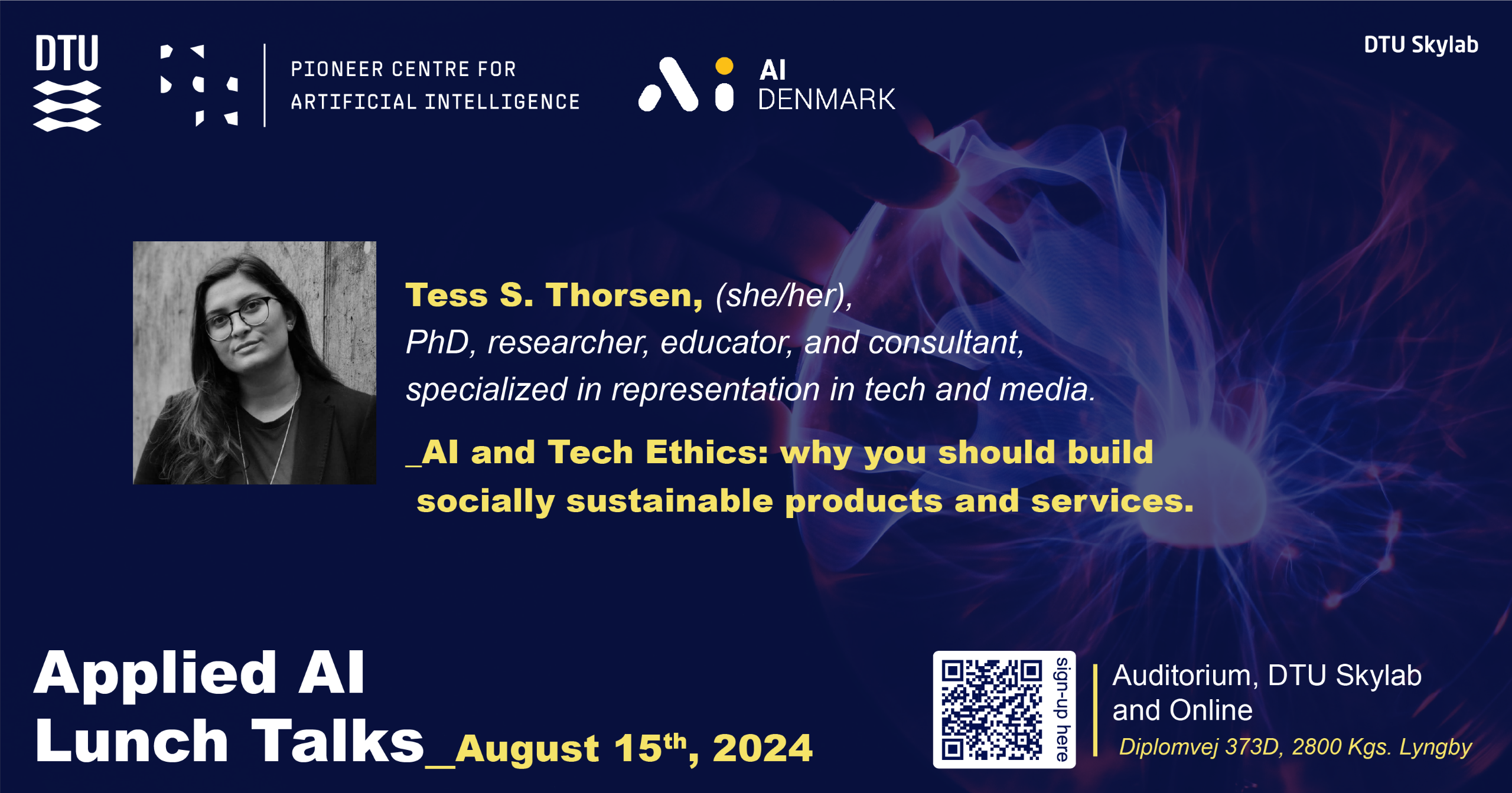 Webbanner of Applied AI Lunch Talk showing the speaker, Tess Thorsen